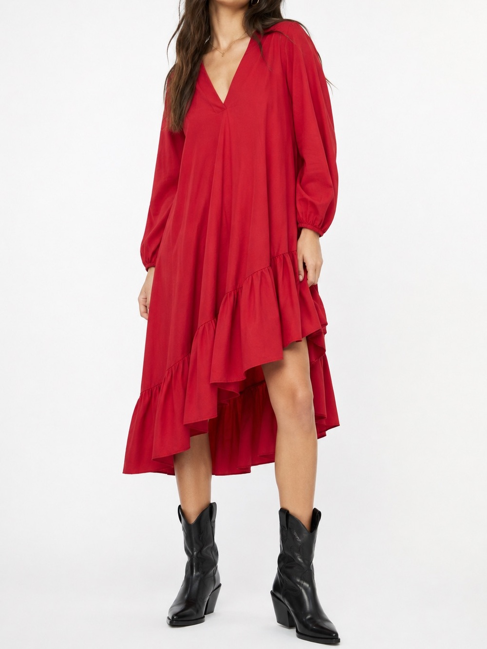Zara Ruffle Midi Dress Red Medium Boho Tiered Asymmetrical Cottagecore Prarie